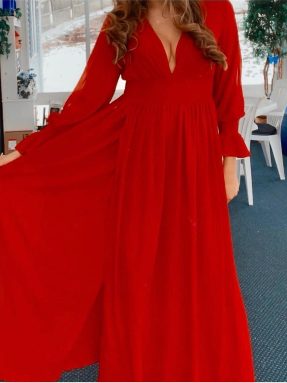 Red Deep V-Neck Long Sleeve Maxi Dress - Women